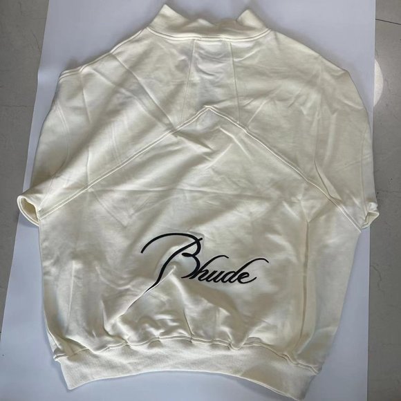 Rhude Autumn and Winter Stand Collar Half-Zip Letter Embroidered Hoodie - Cream - Picture 7 of 12